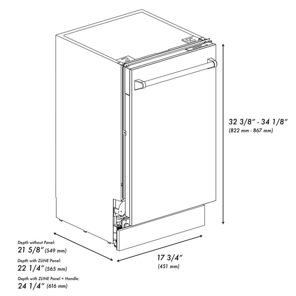 ZLINE 18 in. Tallac Series 3rd Rack Top Control Dishwasher with a Stainless Steel Tub with Black Stainless Panel, 51dBa (DWV-BS-18) dimensional measurements.