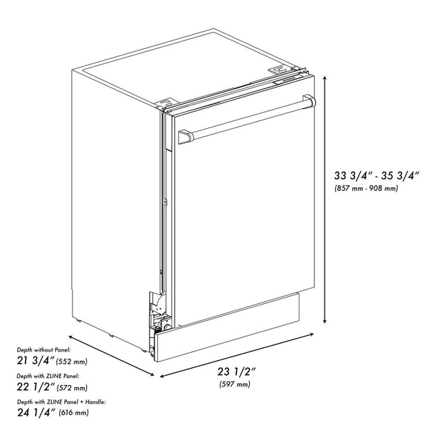 ZLINE 24" Tallac Series 3rd Rack Dishwasher with Copper Panel and Traditional Handle, 51dBa (DWV-C-24) dimensional diagram.