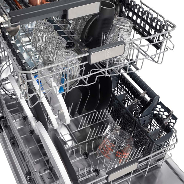 ZLINE Autograph Edition 24 in. 3rd Rack Top Touch Control Tall Tub Dishwasher in Stainless Steel with Champagne Bronze Handle, 45dBa (DWMTZ-304-24-CB) close-up, dishes loaded on dish rack.