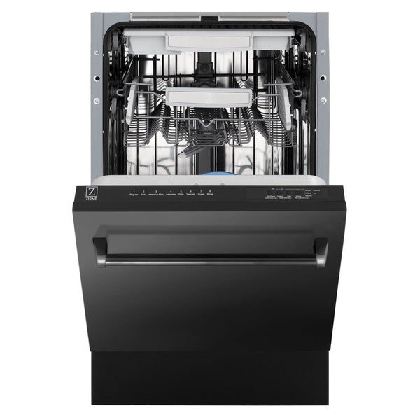 ZLINE 18 in. Tallac Series 3rd Rack Top Control Dishwasher with a Stainless Steel Tub with Black Stainless Panel, 51dBa (DWV-BS-18) front, half open.