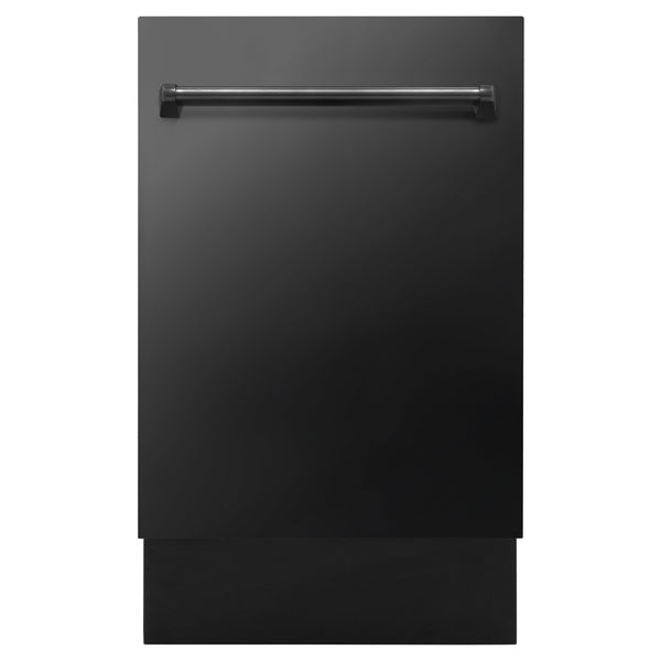 ZLINE 18 in. Tallac Series 3rd Rack Top Control Dishwasher with a Stainless Steel Tub with Black Stainless Panel, 51dBa (DWV-BS-18) front, closed.