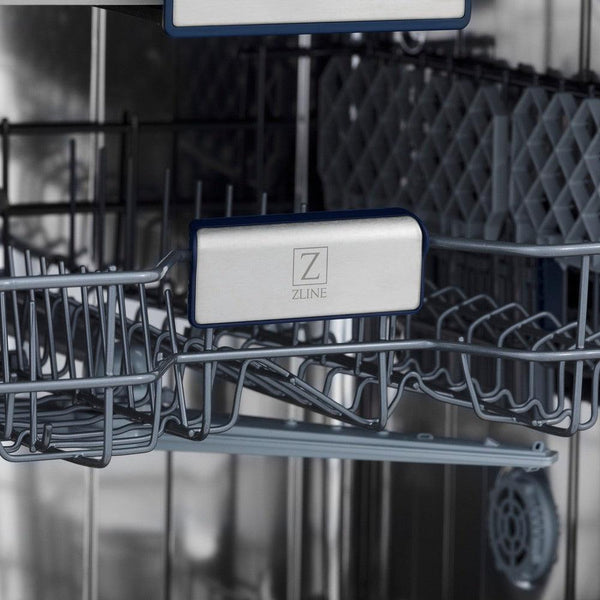 ZLINE 24 in. Tallac Series 3rd Rack Dishwasher with Copper Panel and Traditional Handle, 51dBa (DWV-C-24) close-up, ZLINE logo on dish rack.