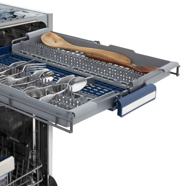 ZLINE 24 in. Tallac Series 3rd Rack Dishwasher with Fingerprint Resistant Stainless Steel Panel and Traditional Handle 51dBa (DWV-SN-24) close-up, utensils on third rack.