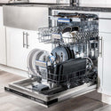 ZLINE 24 in. Tallac Series 3rd Rack Dishwasher with Fingerprint Resistant Stainless Steel Panel and Traditional Handle 51dBa (DWV-SN-24) in a luxury kitchen from side, open with dishes loaded on all dish racks.