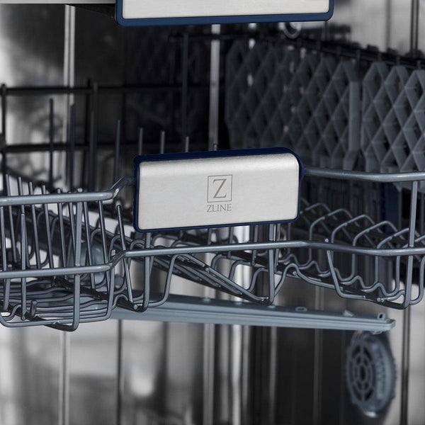 ZLINE 24 in. Tallac Series 3rd Rack Dishwasher in Stainless Steel with Traditional Handle, 51dBa (DWV-304-24) close-up, ZLINE logo on dish rack.