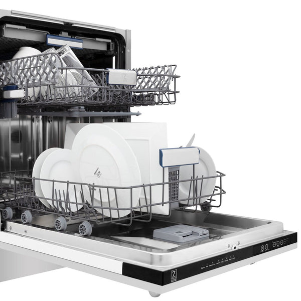 Plates and glassware loaded into ZLINE dishwasher.