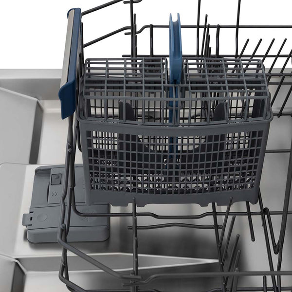 ZLINE 24 in. Tallac Series 3rd Rack Dishwasher in Stainless Steel with Traditional Handle, 51dBa (DWV-304-24) close-up, utensil holder on bottom rack.