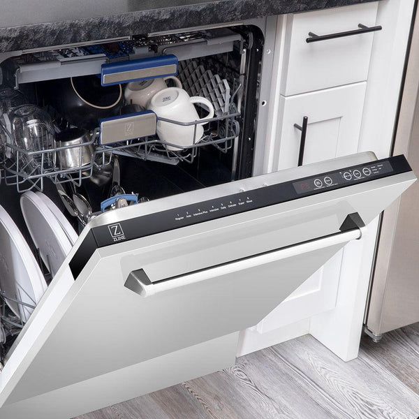 ZLINE 24 in. Tallac Series 3rd Rack Dishwasher in Stainless Steel with Traditional Handle, 51dBa (DWV-304-24) half open with dishes inside in a kitchen with white cabinets and stone countertops.