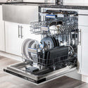 ZLINE 24 in. Tallac Series 3rd Rack Dishwasher in Stainless Steel with Traditional Handle, 51dBa (DWV-304-24) in a luxury kitchen from side, open with dishes loaded on all dish racks.