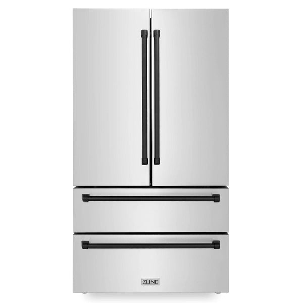 ZLINE Autograph Edition 36 in. 22.5 cu. ft Freestanding French Door Refrigerator with Ice Maker in Fingerprint Resistant Stainless Steel with Matte Black Accents (RFMZ-36-MB) front.