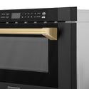 ZLINE Autograph Edition 24 in. 1.2 cu. ft. Built-in Microwave Drawer in Black Stainless Steel with Champagne Bronze Accents (MWDZ-1-BS-H-CB) close-up handle and display.