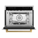 ZLINE Autograph Edition 24 in. 1.6 cu ft. Built-in Convection Microwave Oven in DuraSnow Stainless Steel with Polished Gold Accents front with door open.