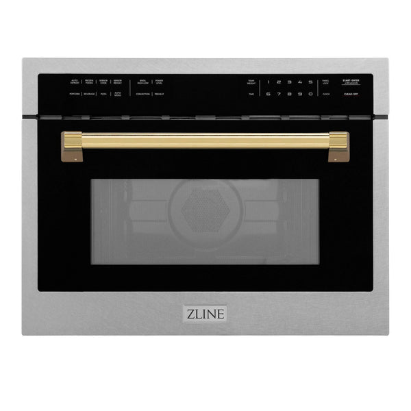 ZLINE Autograph Edition 24 in. 1.6 cu ft. Built-in Convection Microwave Oven in Fingerprint Resistant Stainless Steel with Polished Gold Accents (MWOZ-24-SS-G) front, closed.