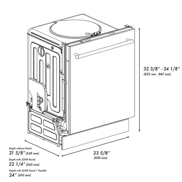 ZLINE 24 in. Top Control Dishwasher with Black Stainless Steel Panel and Traditional Style Handle, 52dBa (DW-BS-24) dimensional diagram with measurements.