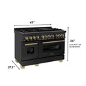 ZLINE Autograph Edition 48 in. 6.0 cu. ft. Dual Fuel Range with Gas Stove and Electric Oven in Black Stainless Steel with Champagne Bronze Accents (RABZ-48-CB) dimensional diagram with measurements.