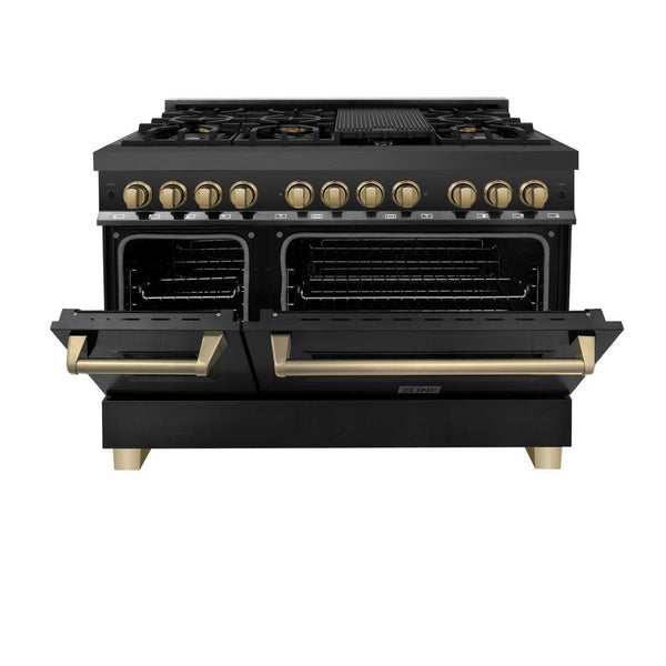 ZLINE Autograph Edition 48 in. 6.0 cu. ft. Dual Fuel Range with Gas Stove and Electric Oven in Black Stainless Steel with Champagne Bronze Accents (RABZ-48-CB) front, oven door half open.