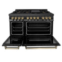 ZLINE Autograph Edition 48 in. 6.0 cu. ft. Dual Fuel Range with Gas Stove and Electric Oven in Black Stainless Steel with Champagne Bronze Accents (RABZ-48-CB) front, oven open.