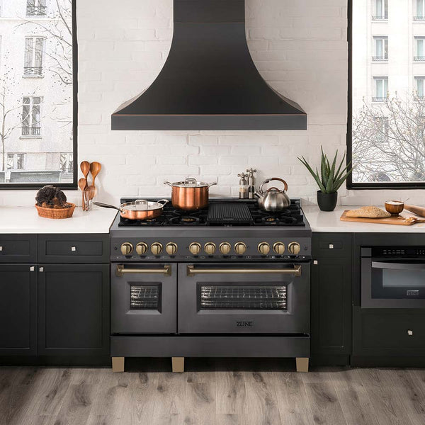 Black stainless steel ZLINE 48-inch dual fuel range with champagne bronze accents in kitchen