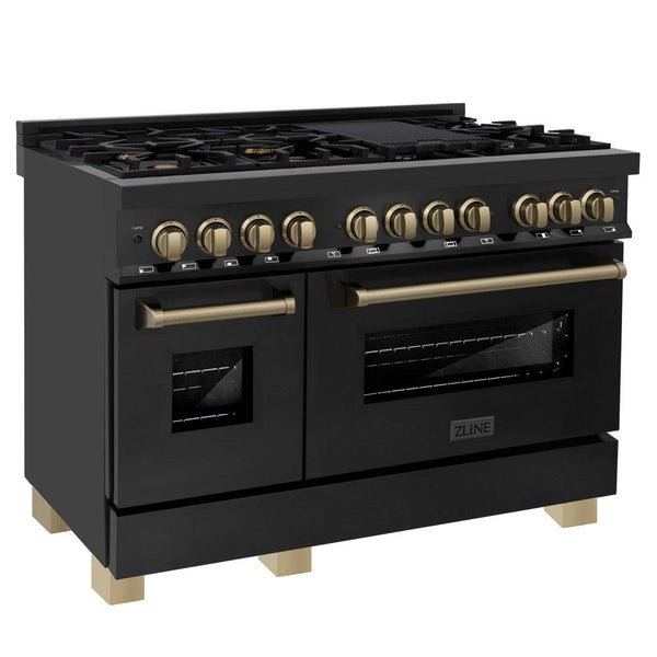 ZLINE Autograph Edition 48 in. 6.0 cu. ft. Dual Fuel Range with Gas Stove and Electric Oven in Black Stainless Steel with Champagne Bronze Accents (RABZ-48-CB) side, oven closed.