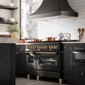 ZLINE Autograph Edition 48 in. 6.0 cu. ft. Dual Fuel Range with Gas Stove and Electric Oven in Black Stainless Steel with Champagne Bronze Accents (RABZ-48-CB) lifestyle image from side in a luxury kitchen.