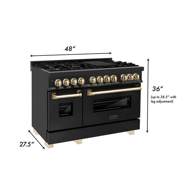 ZLINE Autograph Edition 48 in. 6.0 cu. ft. Dual Fuel Range with Gas Stove and Electric Oven in Black Stainless Steel with Polished Gold Accents (RABZ-48-G) dimensional diagram with measurements.