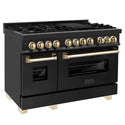 ZLINE Autograph Edition 48 in. 6.0 cu. ft. Dual Fuel Range with Gas Stove and Electric Oven in Black Stainless Steel with Polished Gold Accents (RABZ-48-G) side, oven closed.