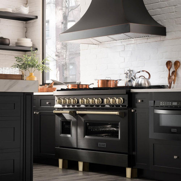 ZLINE Autograph Edition 48 in. 6.0 cu. ft. Dual Fuel Range with Gas Stove and Electric Oven in Black Stainless Steel with Polished Gold Accents (RABZ-48-G) lifestyle image from side in a luxury kitchen.