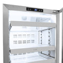 ZLINE 24 in. Touchstone 151 Can Beverage Fridge With Solid Stainless Steel Door (RBSO-ST-24) front, door open, top two shelves and LED display close up.