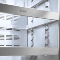 ZLINE 24 in. Touchstone 151 Can Beverage Fridge With Solid Stainless Steel Door (RBSO-ST-24) front, middle full-extension glass racks with ZLINE logo close up.