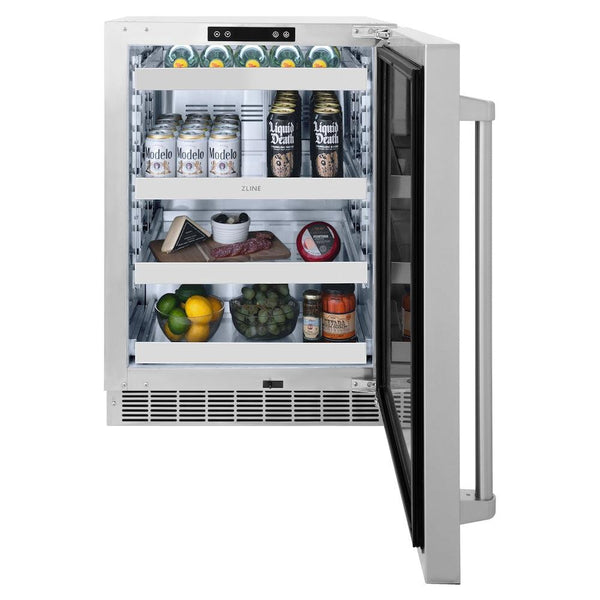 ZLINE 24 in. Touchstone 151 Can Beverage Fridge With Solid Stainless Steel Door (RBSO-ST-24) front, open, with food and beverages inside.