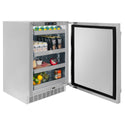 ZLINE 24 in. Touchstone 151 Can Beverage Fridge With Solid Stainless Steel Door (RBSO-ST-24) side, open with drinks inside on adjustable shelving.