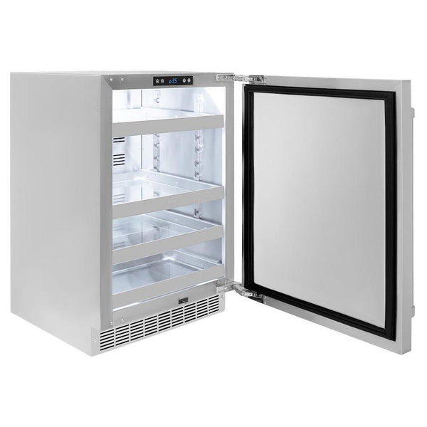 ZLINE 24 in. Touchstone 151 Can Beverage Fridge With Solid Stainless Steel Door (RBSO-ST-24) side, open.