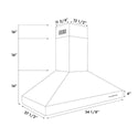 ZLINE Ducted Wall Mount Range Hood in Outdoor Approved Stainless Steel (697-304) dimensional diagram with measurements.