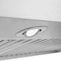 ZLINE Convertible Vent Wall Mount Range Hood in Stainless Steel (KF2) close-up, LED lighting.