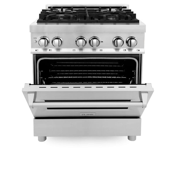 ZLINE 30 in. 4.0 cu. ft. Dual Fuel Range with Gas Stove and Electric Oven in Stainless Steel (RA30) front, oven door half open.