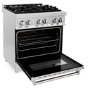 ZLINE 30 in. 4.0 cu. ft. Dual Fuel Range with Gas Stove and Electric Oven in Stainless Steel (RA30) side, oven open.