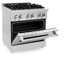 ZLINE 30 in. 4.0 cu. ft. Dual Fuel Range with Gas Stove and Electric Oven in Stainless Steel (RA30) side, oven door half open.