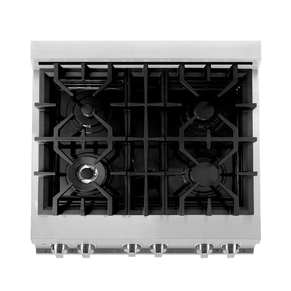 ZLINE 30 in. 4.0 cu. ft. Dual Fuel Range with Gas Stove and Electric Oven in Stainless Steel (RA30) from above showing cooktop with gas burners and cast-iron grates.