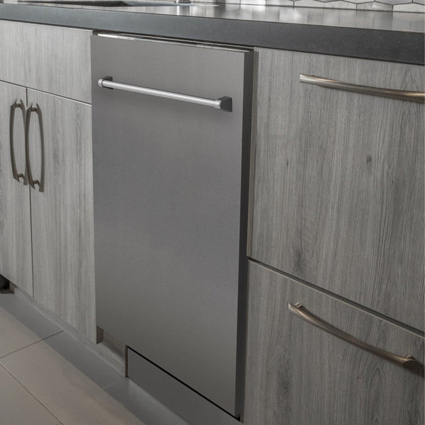 ZLINE 24 in. Top Control Dishwasher with stainless steel panel built-in to modern grey cabinets in kitchen.