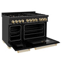 ZLINE Autograph Edition 48 in. Range in Black Stainless Steel with Gold Accents Side View Door Open and Oven Racks Visible