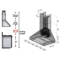 ZLINE Outdoor Wall Mount Range Hood in Outdoor Approved Stainless Steel (667-304) chimney height guide and measurements.