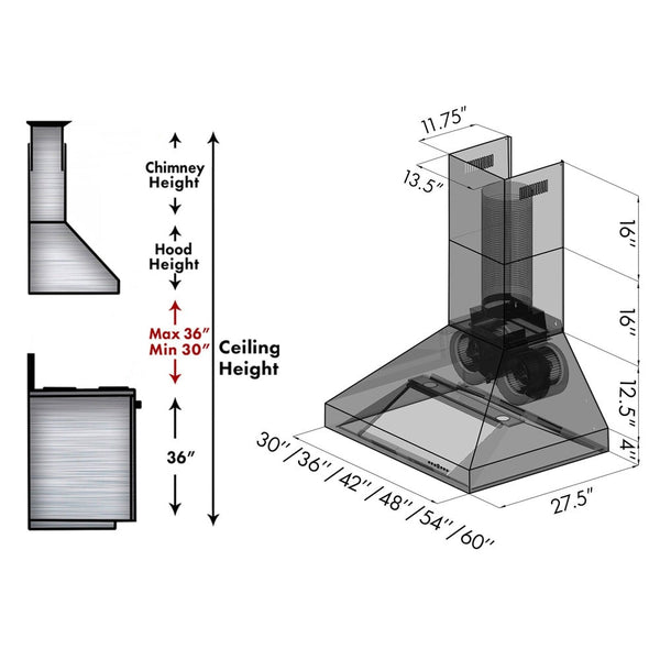 ZLINE Ducted Wall Mount Range Hood in Outdoor Approved Stainless Steel (697-304) chimney height guide and dimensions.